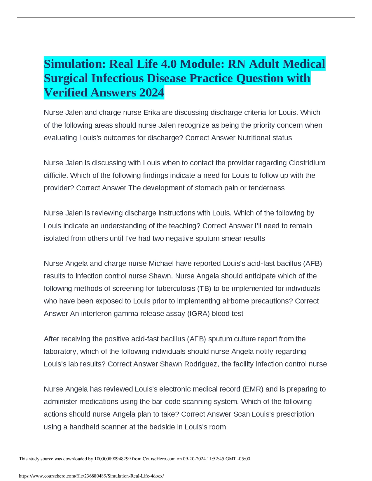 Simulation Real Life 4.0 Module RN Adult Medical Surgical Infectious